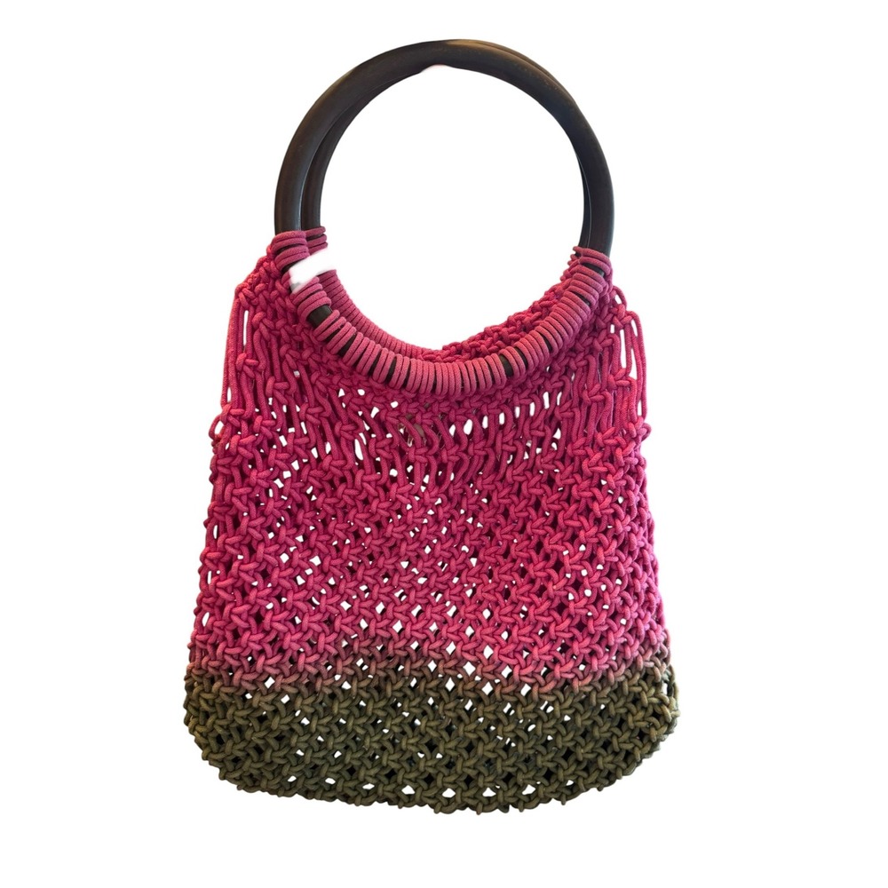 🌴 Surf Gypsy Pink Olive Green Macrame Tote Bag Boho Beach Market Bag